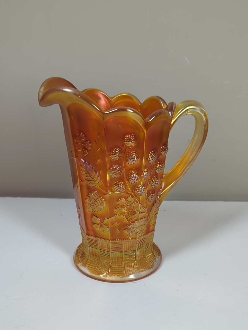 Northwood Raspberry Marigold Carnival Glass Amber Iridescent Floral Pitcher